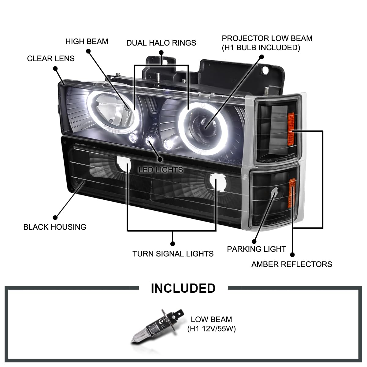 Black LED Halo Projector Headlights + Bumper Lights + Corner SPEC-D TUNING Compatible with 1994-1998 Chevy C10 C/K 1500/2500/3500, Tahoe Suburban Left + Right Pair Headlamps Assembly