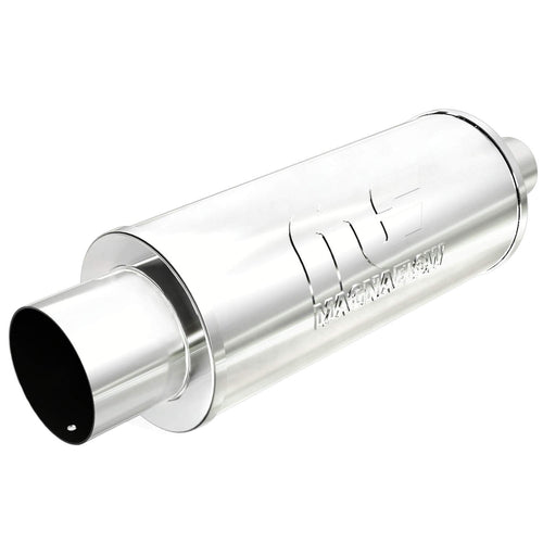 Performance MagnaFlow Exhaust Muffler 14822: 2.25"/4" Inlet/Outlet, 6x6x14" Round, Stainless Steel, Brushed Finish