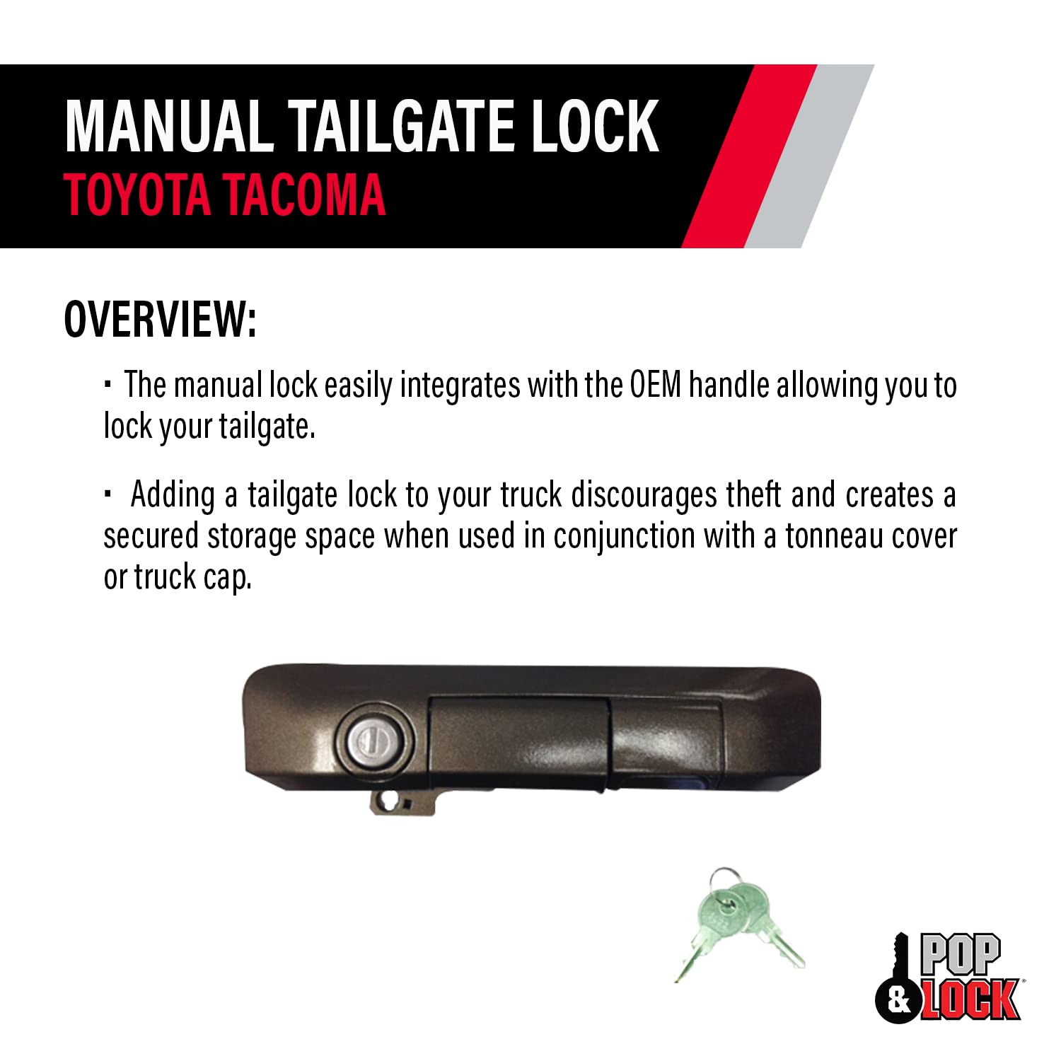 Manual Tailgate Lock – Pop & Lock for Toyota Tacoma, Fits 2005 to 2015 Models (Pyrite Mica, PL5506, Standard Lock)