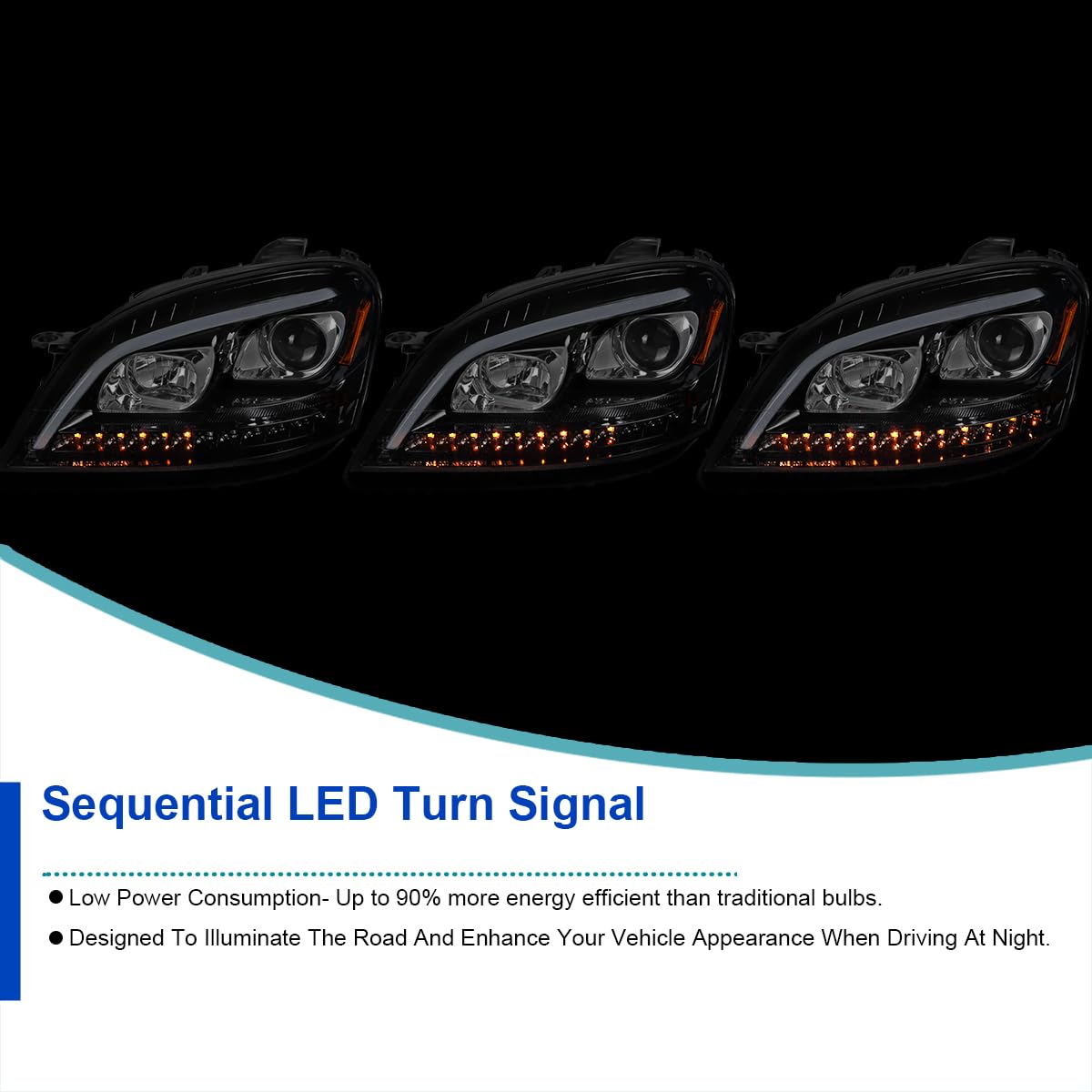 Jet Black SPEC-D TUNING Projector Headlights w/LED Sequential Signal Compatible with 2006-2008 Mercedes Benz W164 ML350 ML500 ML-Class, Left + Right Pair Headlamps Assembly