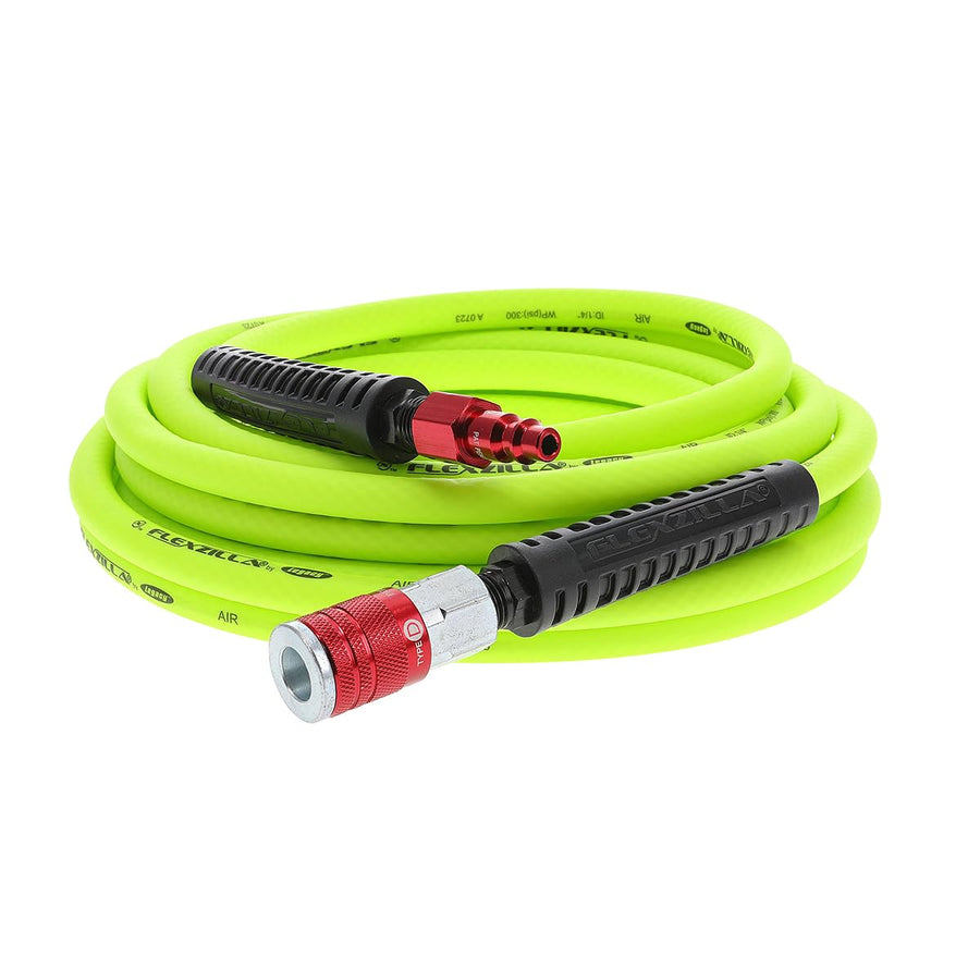 Air Hose Flexzilla with ColorConnex Industrial Type D Coupler and Plug, 1/4 in. x 25 ft., Heavy Duty, Lightweight, Hybrid, ZillaGreen - HFZ1425YW2-D