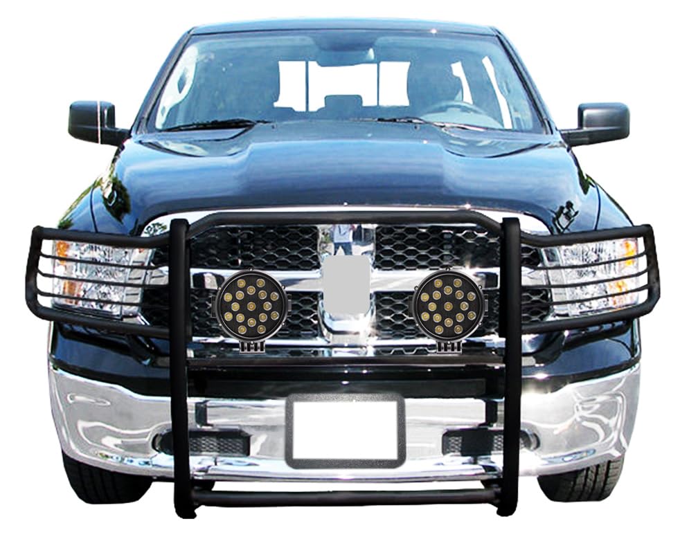 Bumper Guard Modular Black Black Horse Grille Brush Come with Pair of 7.0" Dia.LED Lights with Black Trim Rings Compatible with 2009-2018 Dodge Ram 1500|2019-2024 Ram 1500 Classic-17DG109MA-PLB