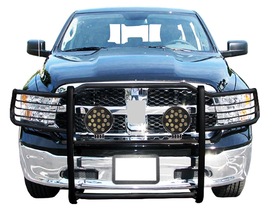 Bumper Guard Modular Black Black Horse Grille Brush Come with Pair of 7.0" Dia.LED Lights with Black Trim Rings Compatible with 2009-2018 Dodge Ram 1500|2019-2024 Ram 1500 Classic-17DG109MA-PLB