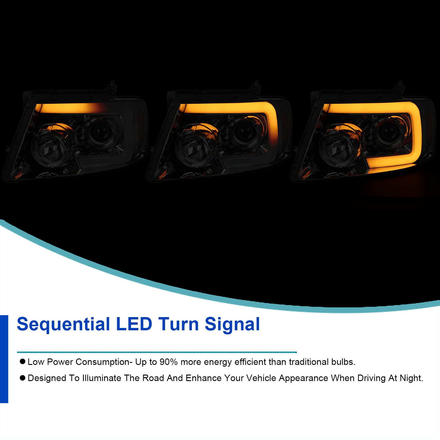Smoke SPEC-D TUNING Projector Headlights w/Switchback Sequential Signal LED Tube Compatible with 2004-2008 Ford F150 2006-2008 Lincoln Mark LT, Left + Right Pair Headlamps Assembly