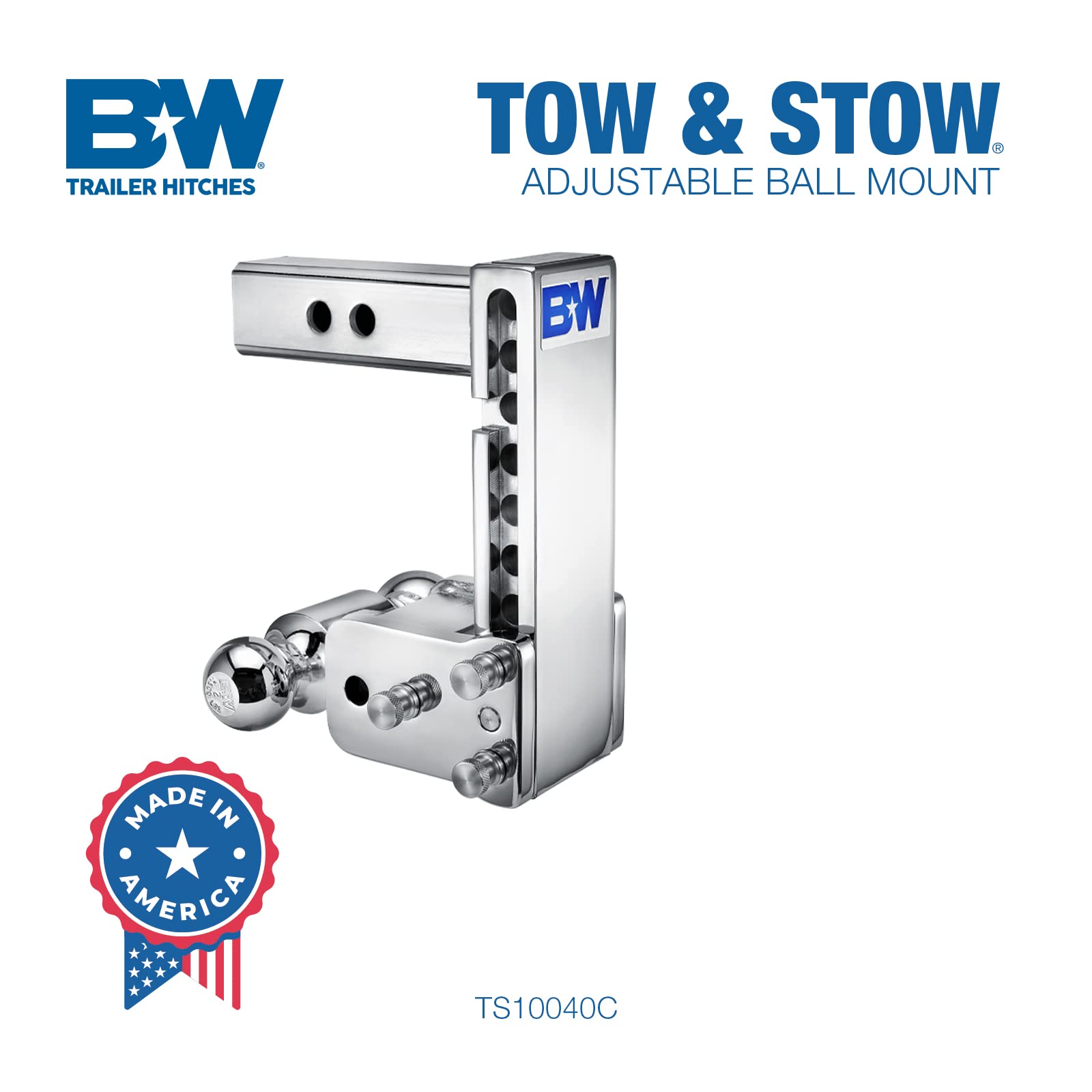 B&W Trailer Hitches Tow & Stow Chrome Adjustable Trailer Hitch Ball Mount - Fits 2" Receiver, Dual Ball (2" x 2-5/16"), 7" Drop, 10,000 GTW - TS10040C