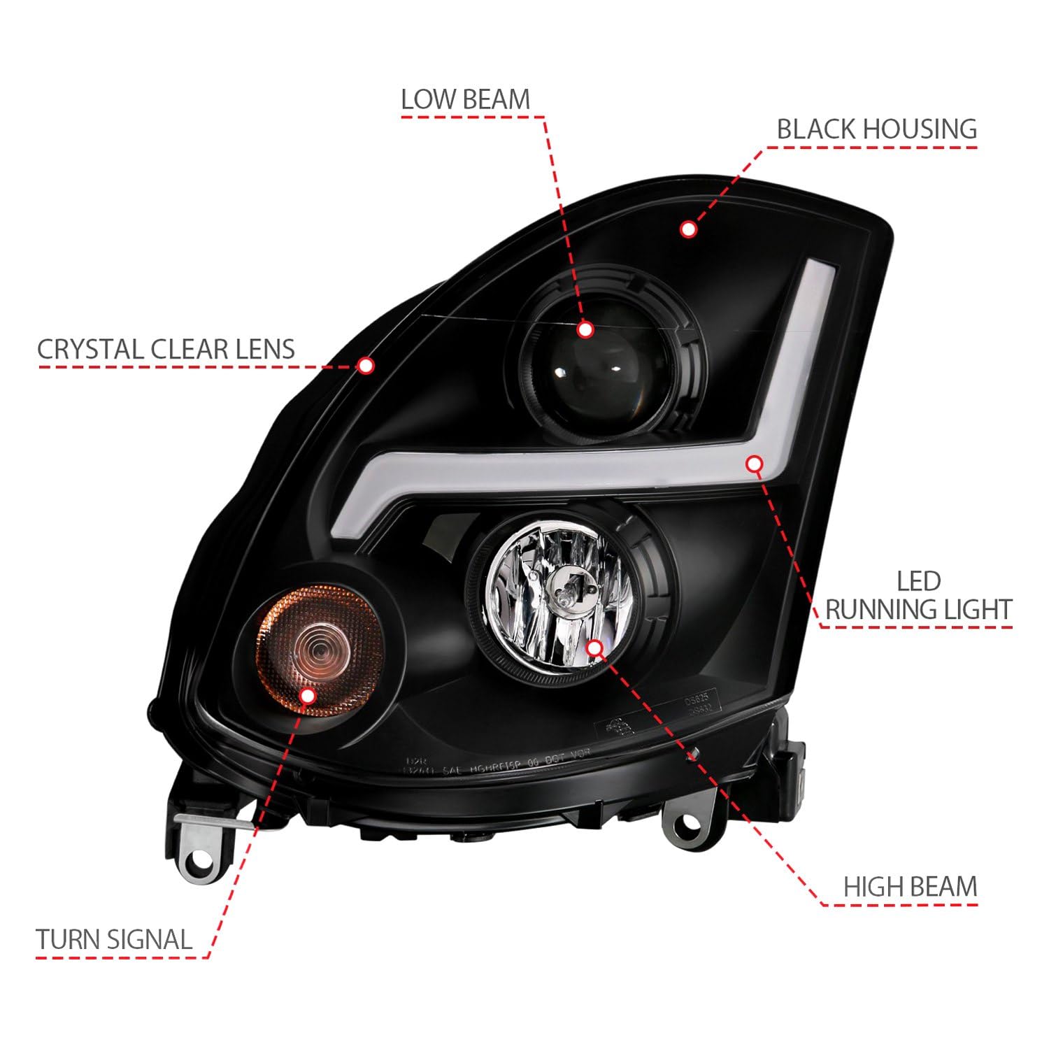 2003-2007 Infiniti G35 ANZO (121557) Projector Headlight Plank Style Black (HID Compatible, No HID Kit)