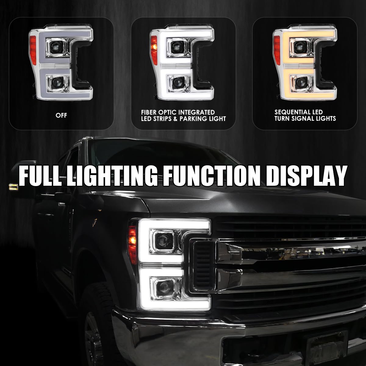 Chrome Projector Headlights SPEC-D TUNING w/LED Sequential Turn Signal Switchback Compatible with 2017-2019 Ford F-250, F-350, F-450, F-550 Super Duty, Left + Right Pair Headlamps Assembly