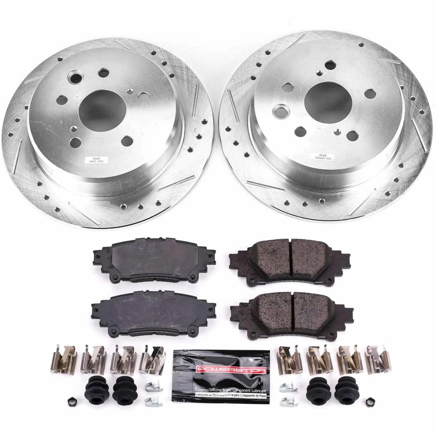 Rear Power Stop K6930 Z23 Carbon Fiber Brake Pads with Drilled & Slotted Brake Rotors Kit For Lexus IS250 2014-2015 [Model Specific]