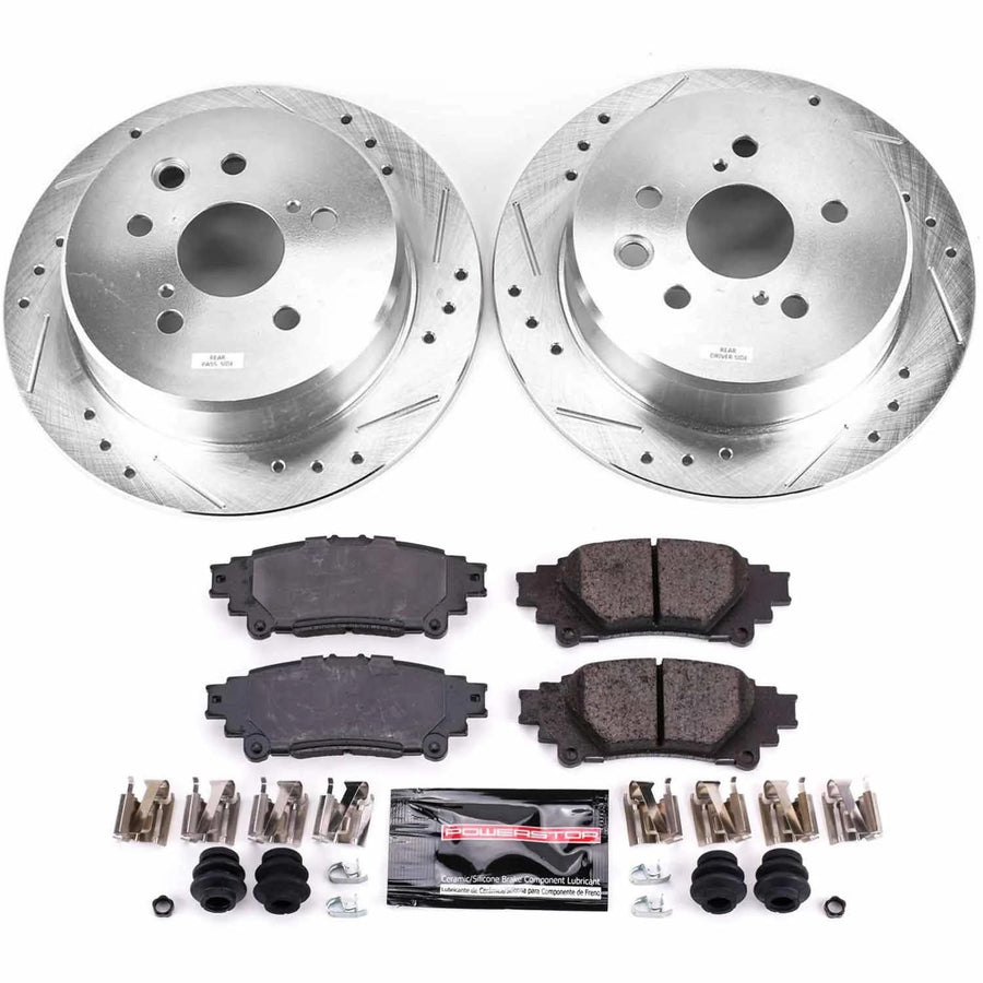 Rear Power Stop K6930 Z23 Carbon Fiber Brake Pads with Drilled & Slotted Brake Rotors Kit For Lexus IS250 2014-2015 [Model Specific]