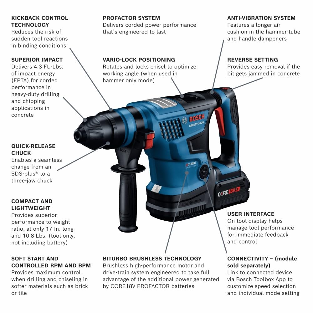 BOSCH 18V GBH18V-34CQB24 PROFACTOR™ Connected-Ready SDS-plus® Bulldog™ 1-1/4 In. Rotary Hammer with (2) CORE18V® 8 Ah High Power Batteries