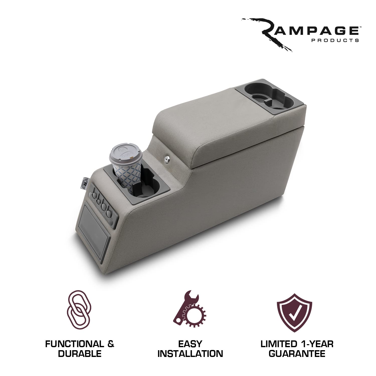 Locking Center Console RAMPAGE PRODUCTS for Jeep CJ/Wrangler YJ | Grey Denim | 31511 | Fits 1976-1983 Jeep CJ5 / 1976-1986 Jeep CJ7 / 1987-1995 Wrangler YJ