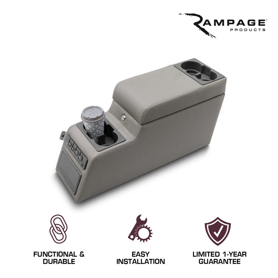 Locking Center Console RAMPAGE PRODUCTS for Jeep CJ/Wrangler YJ | Grey Denim | 31511 | Fits 1976-1983 Jeep CJ5 / 1976-1986 Jeep CJ7 / 1987-1995 Wrangler YJ