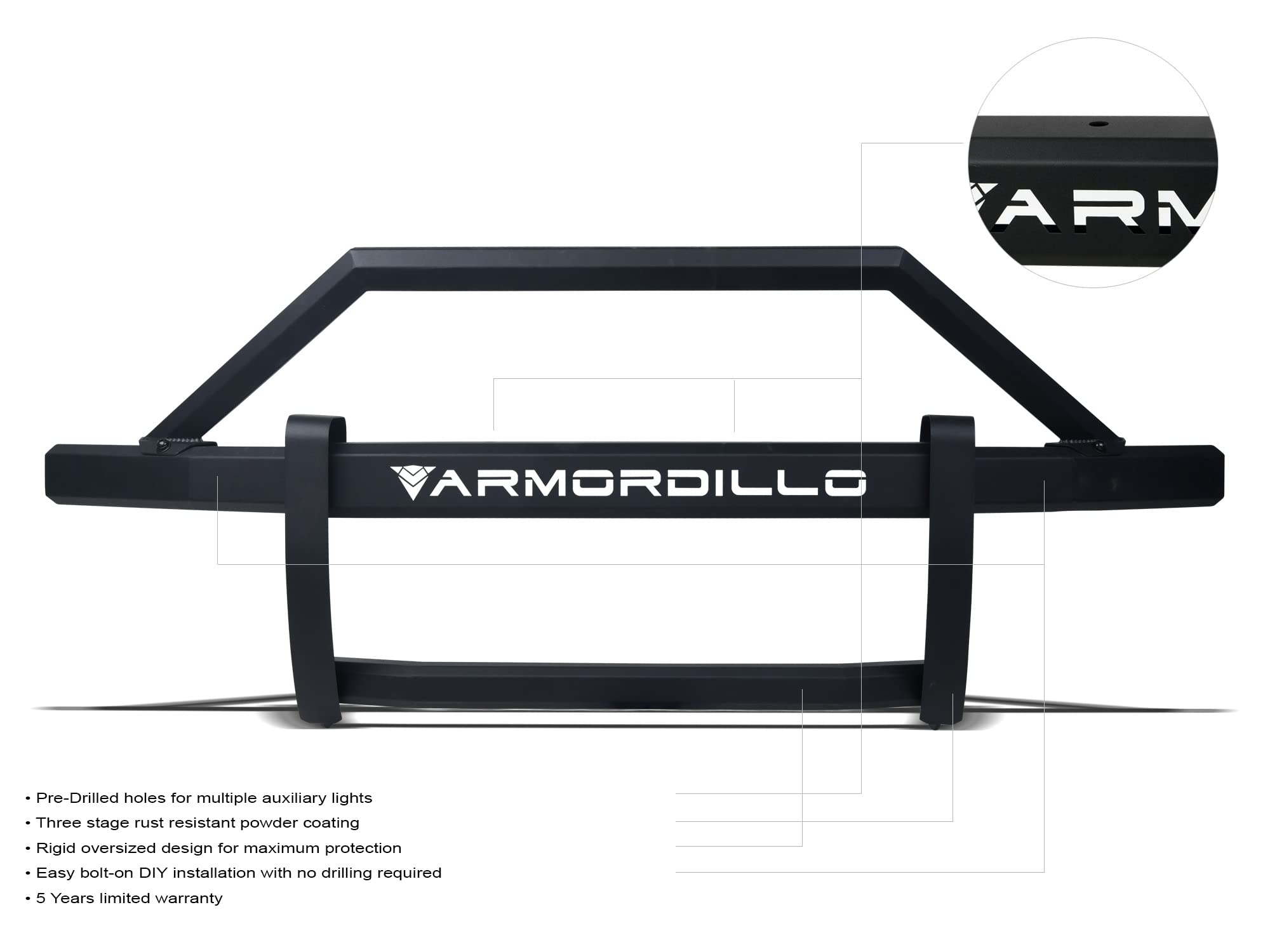 AR2 Pre-Runner Style Modular Grille Guard Armordillo USA - Matte Black Fits 2015-2019 GMC Sierra 2500 HD / 3500 HD Angular Style
