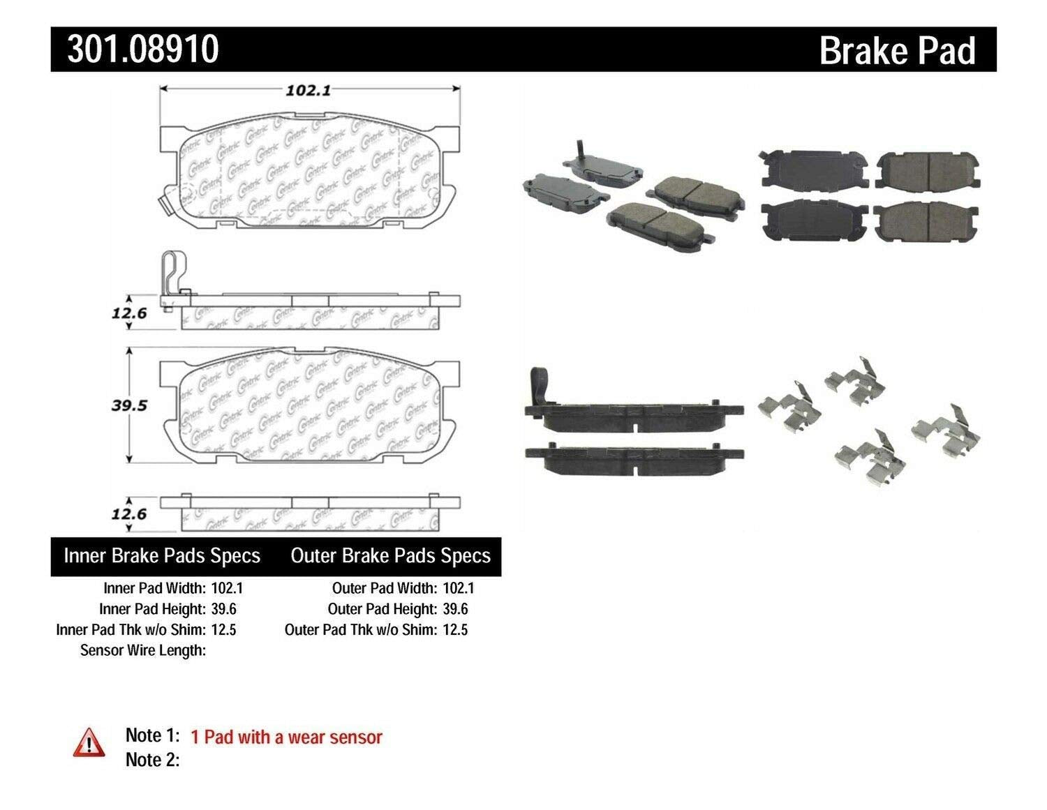 Centric Premium 301.08910 Ceramic Brake Pads with Shims and Hardware