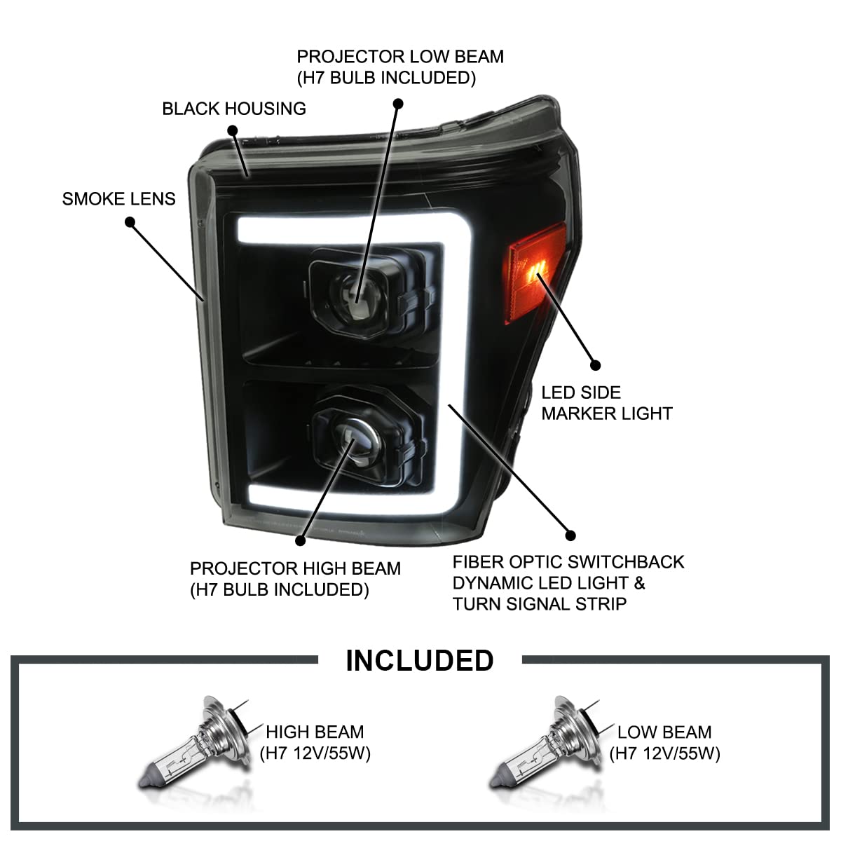 Black Smoke SPEC-D TUNING Projector Headlights w/Switchback Sequential LED Bar and Startup Animation Compatible with 2011-2016 Ford F250, F350, F450, F550 Super Duty, Left + Right Pair Headlamps