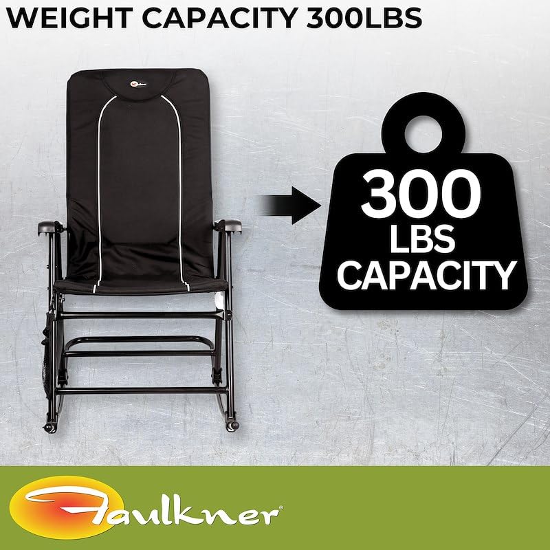 Dakota Faulkner Folding Rocking Chair Black Padded Seat and Backrest Lightweight Steel Frame Side Pouch 300 lb Capacity Foldable Outdoor Camping and Patio Chair