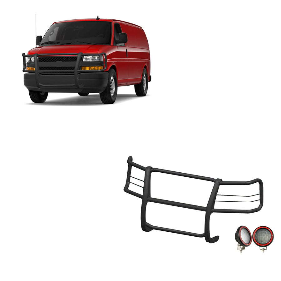 Bumper Guard Modular Black Black Horse Grille brush Come With Pair of 5.3" Dia.LED Lights with Red Trim Rings Compatible with 2015-2024 Chevrolet Express Passenger-17GV02MA-PLFR