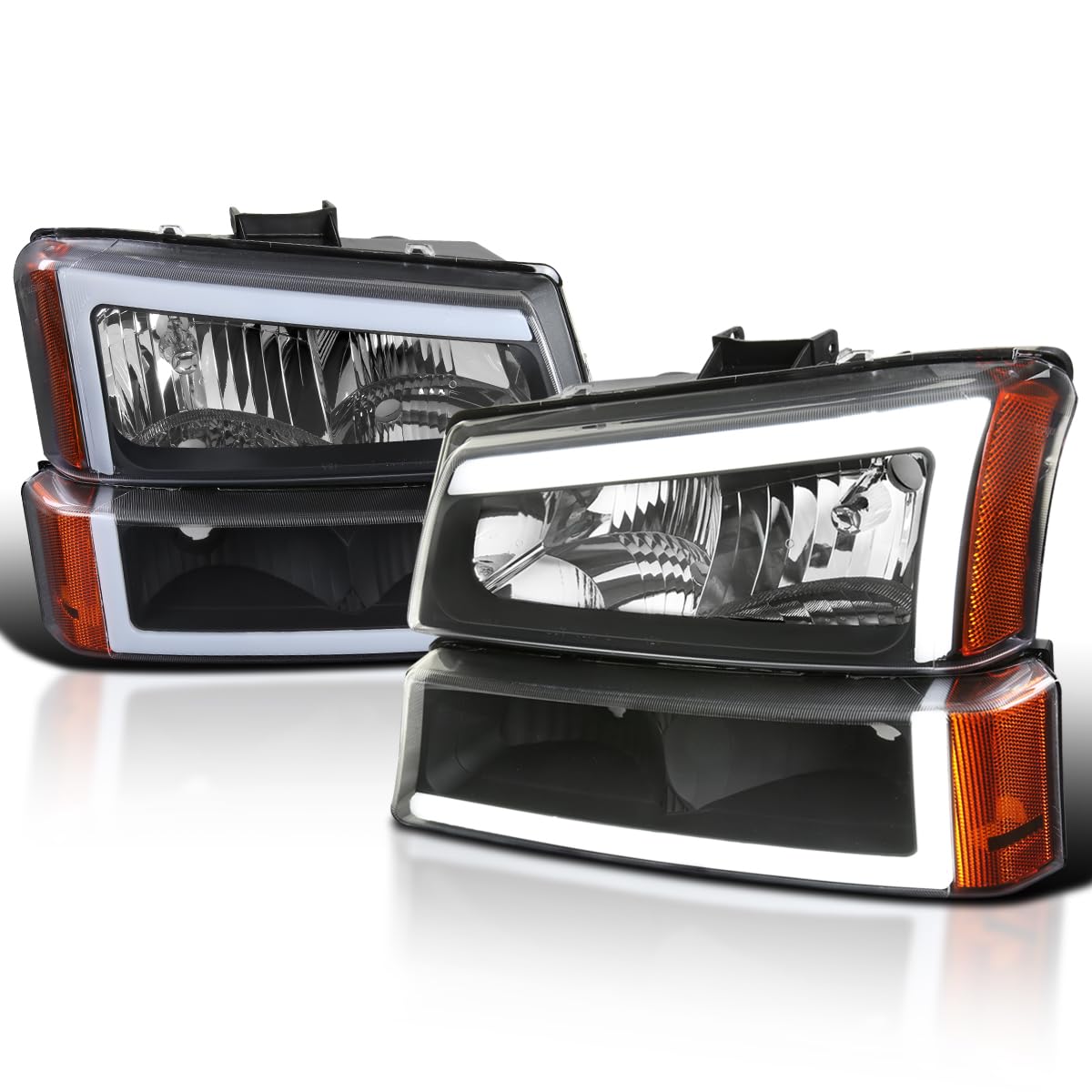 Black Headlights w/LED Light Bar SPEC-D TUNING Compatible with 2003-2007 Chevy Silverado 1500 2500 2002-2006 Avalanche, Left + Right Pair Headlamps Assembly
