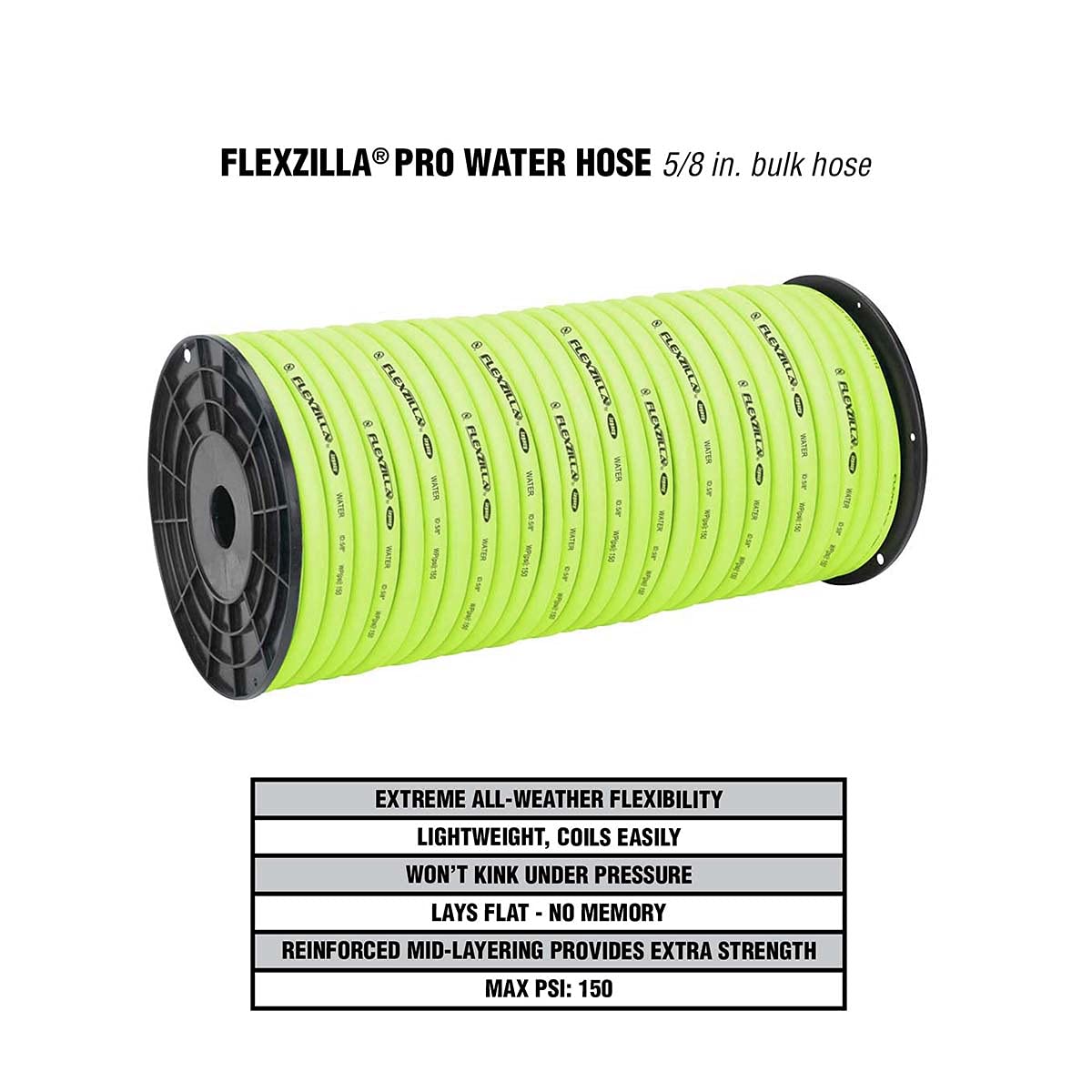 Bulk Plastic Spool Flexzilla Pro Water Hose, 5/8 in. x 250 ft., Heavy Duty, Lightweight, ZillaGreen - HFZ58250YW