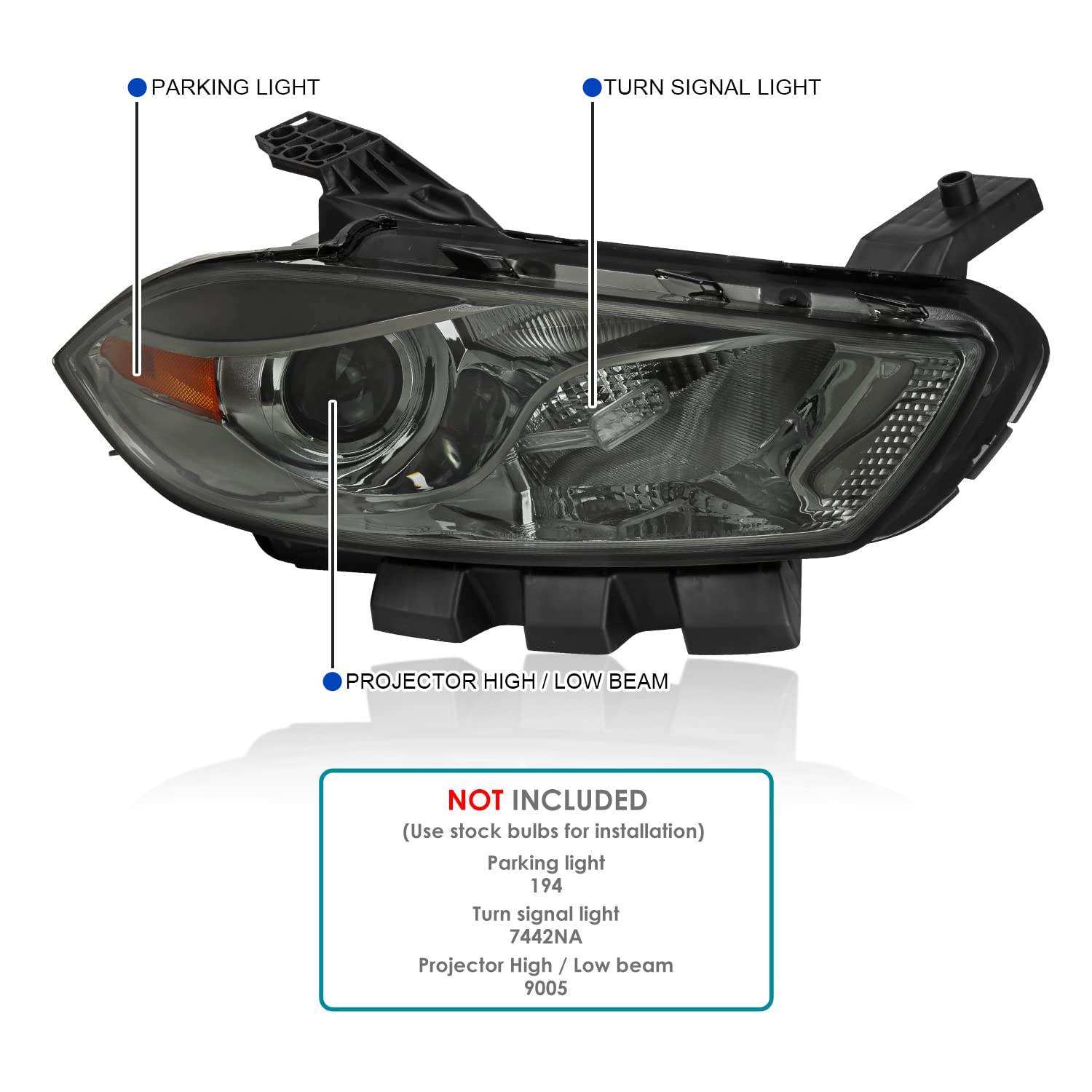 Smoke Projector Headlights SPEC-D TUNING Compatible with 2013-2016 Dodge Dart Factory Halogen, Left+Right Headlamps Assembly