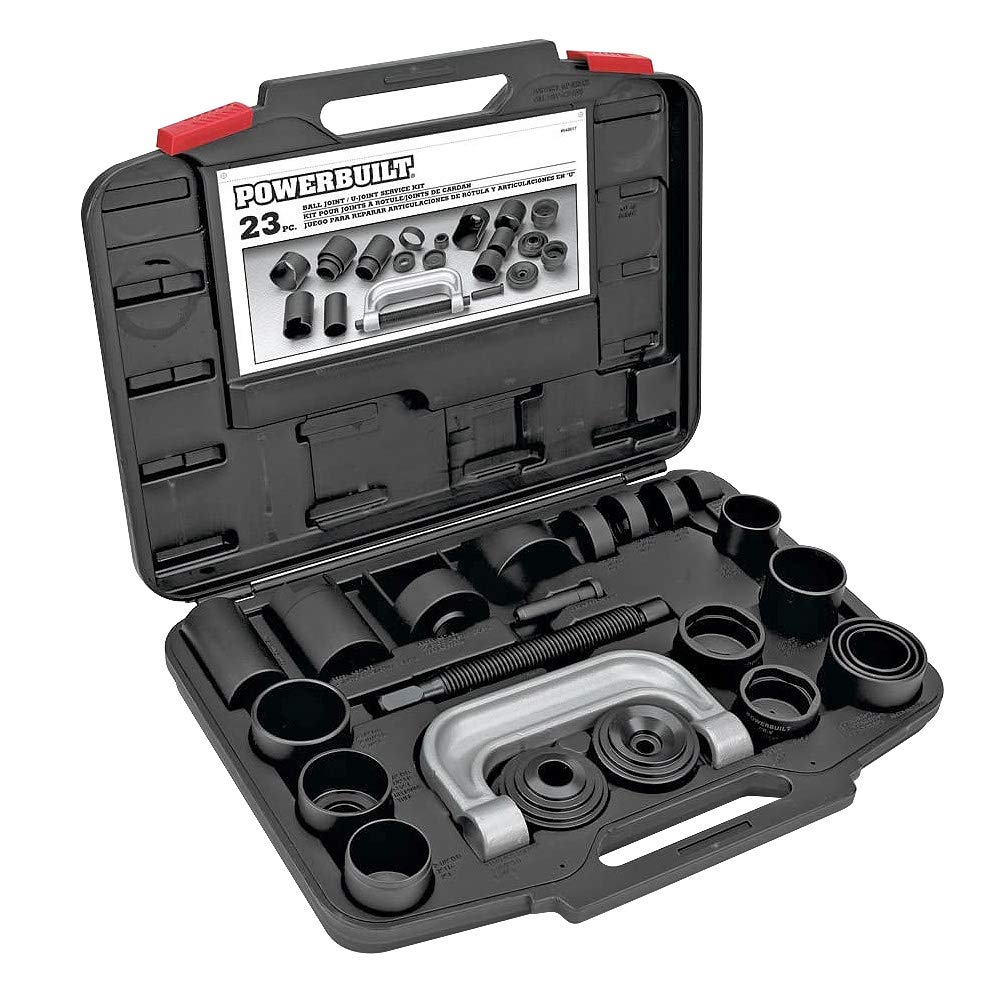 Powerbuilt Ball Joint and U Joint Service Set, 23 Piece Tool Kit, Remove and Install Ball Joints, Adapters, Receiving Tube, Sockets - 648617
