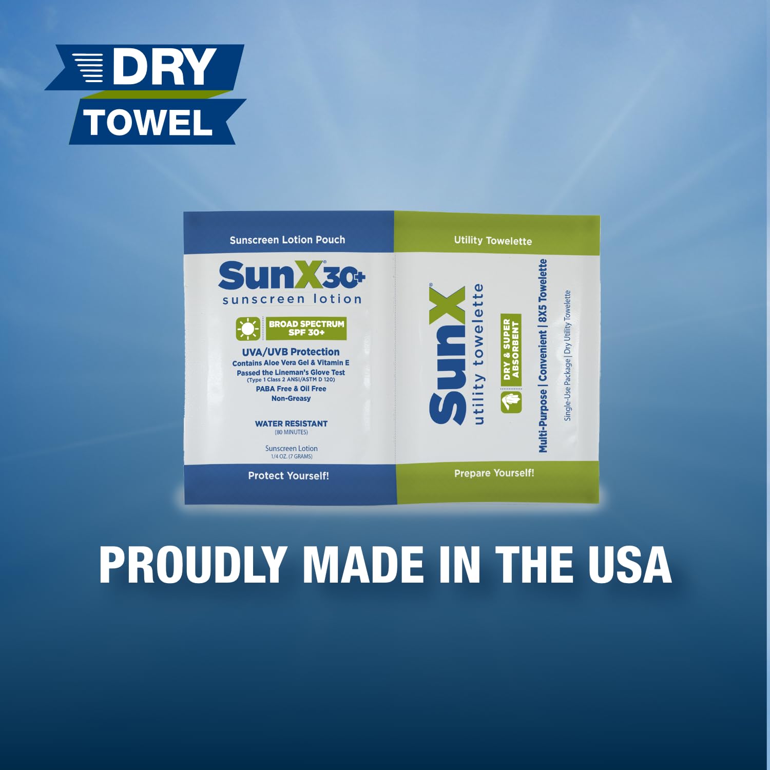 Sun X CoreTex 30+ Broad Spectrum Sunscreen Packets & Dry Towels Duo Kit - Pack of 300 Paraben, Oxybenzone, Octinoxate, & Oil Free Sunscreen - No White Cast and Water Resistant Up to 80 Minutes