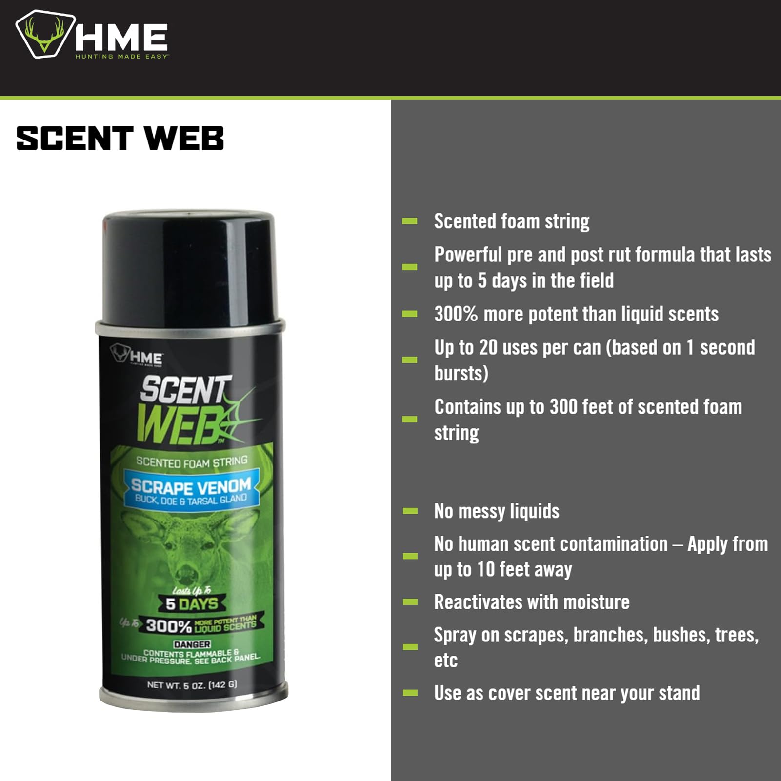 5oz HME Scrape Venom Scent Web | Long-Lasting Effective Powerful Pre/Post Rut Scented String Foam Attractant for Hunting, Archery & Wildlife Observation
