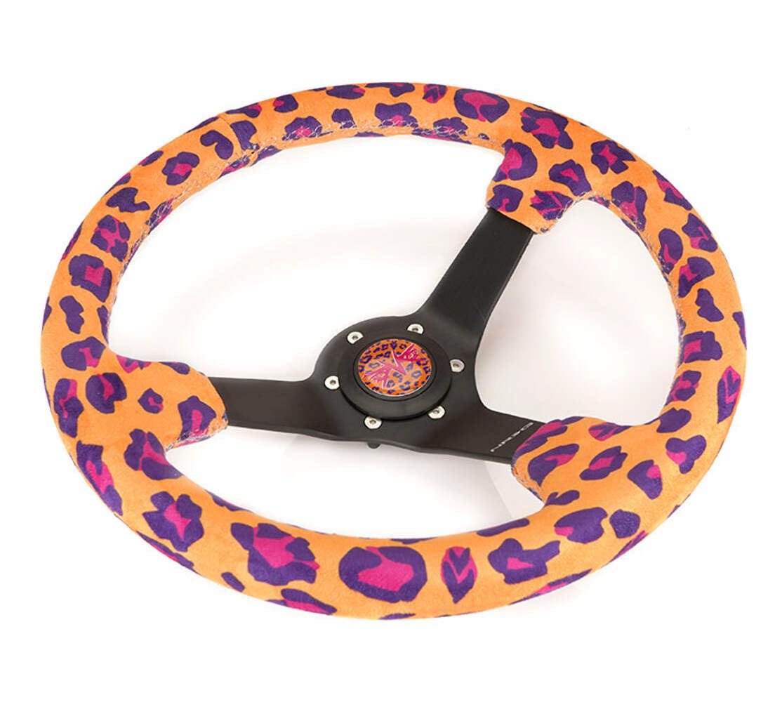 NRG Innovations Reinforced Sport Steering Wheel NRG-RST-036MB-SV-OR 350mm (3' deep) Savage Orange Leopard Printed Micro Fiber Vegan Material with Matte Black Spoke