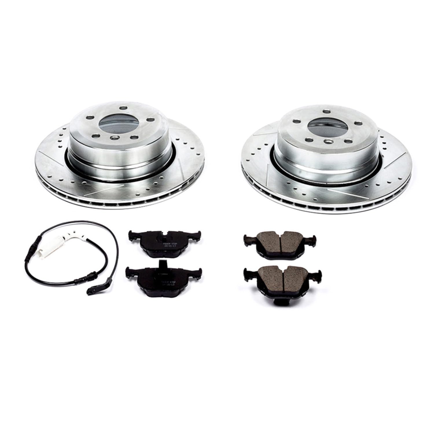 Power Stop K5491 Rear Brake Pads Z23 Carbon Fiber with Drilled & Slotted Brake Rotors Kit and 1 Rear Sensor Wire For 525xi, 5, 528i xDrive, 5, 530xi, 535i xDrive, 5 [Model Specific]