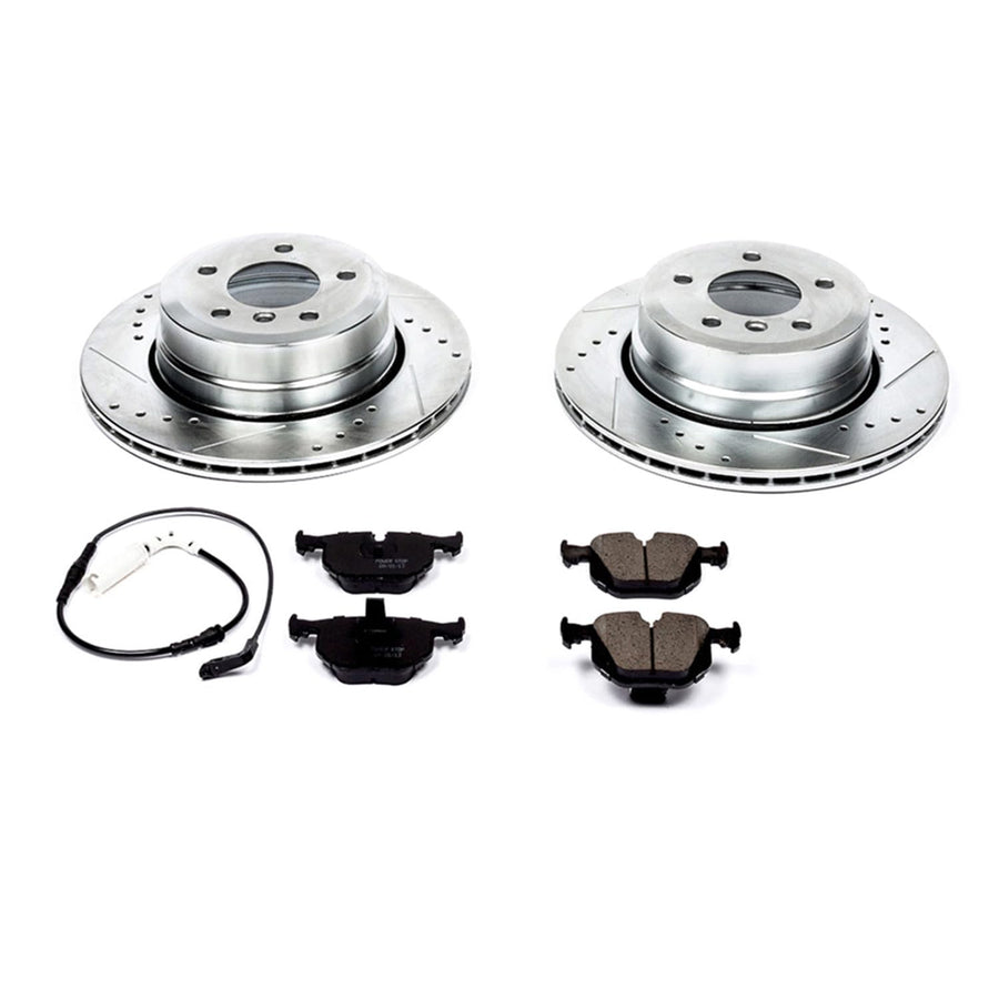 Power Stop K5491 Rear Brake Pads Z23 Carbon Fiber with Drilled & Slotted Brake Rotors Kit and 1 Rear Sensor Wire For 525xi, 5, 528i xDrive, 5, 530xi, 535i xDrive, 5 [Model Specific]