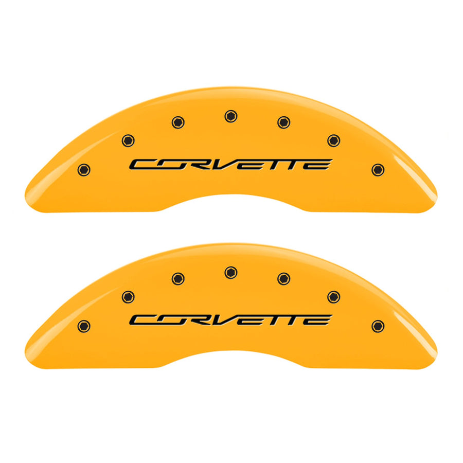 Brake Caliper Covers MGP - Compatible with 2014-2019 Chevy Corvette - Powder-Coated Finish, 4 PCS Front and Rear (Yellow - Corvette C/7 Engraving)