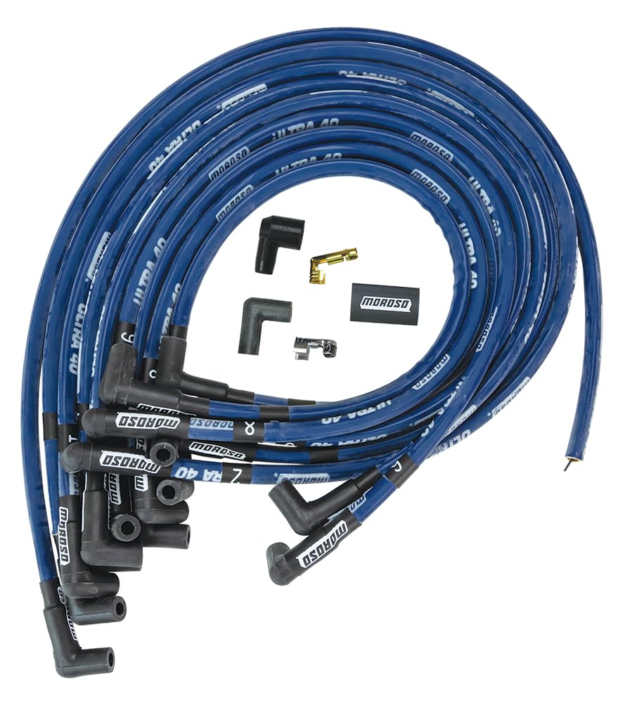 Moroso Blue Sleeved Ultra 40 Spark Plug Wires, Fits Big Block Chevy Engines w/HEI Crab Cap, 90 Degree Plug Ends