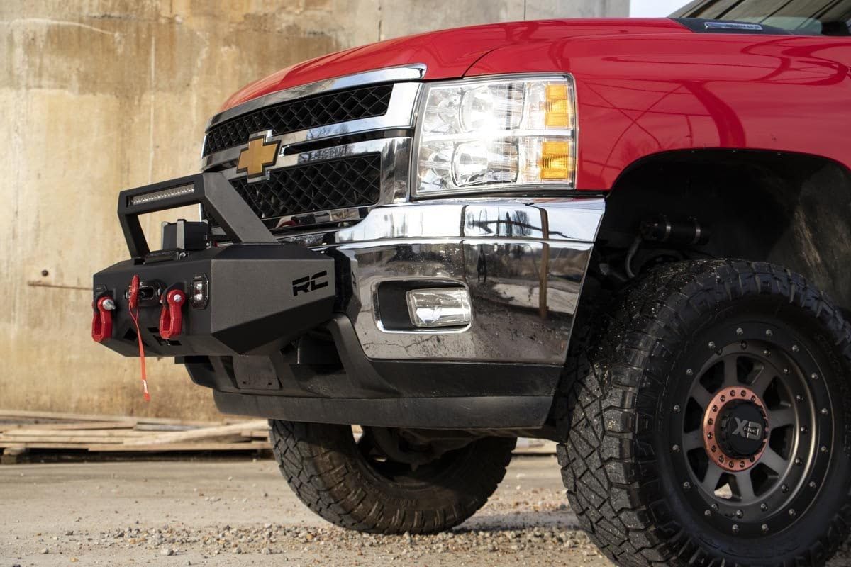 Rough Country Winch Mount System EXO for Chevy Silverado 2500HD/3500HD (2011-2019) - Includes 20-in LED Light Bar, Dual 2-in LED Cubes, D-Rings