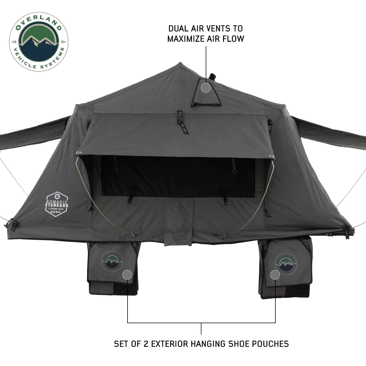 Overland Vehicle Systems Nomadic 2 Standard HD Soft Shell Roof Top Tent - Dark Gray Base with Green Rain Fly & Black 1000G PVC Travel Cover - Black Aluminum Base