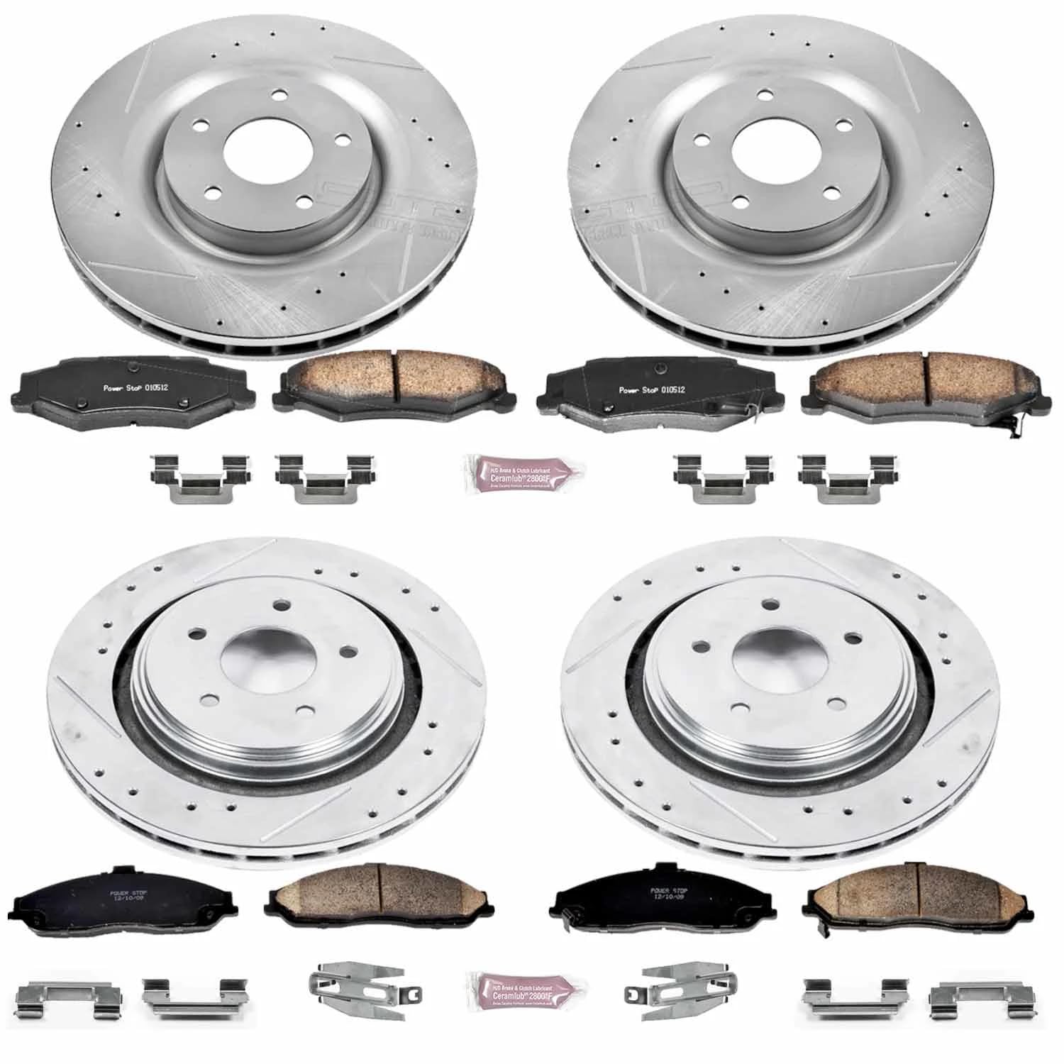 Power Stop K4400 Z23 Carbon Fiber Brake Pads with Drilled & Slotted Brake Rotors Kit Front and Rear For Cadillac XLR 2006-2009, Chevrolet Corvette 2005-2013 [Model Specific]