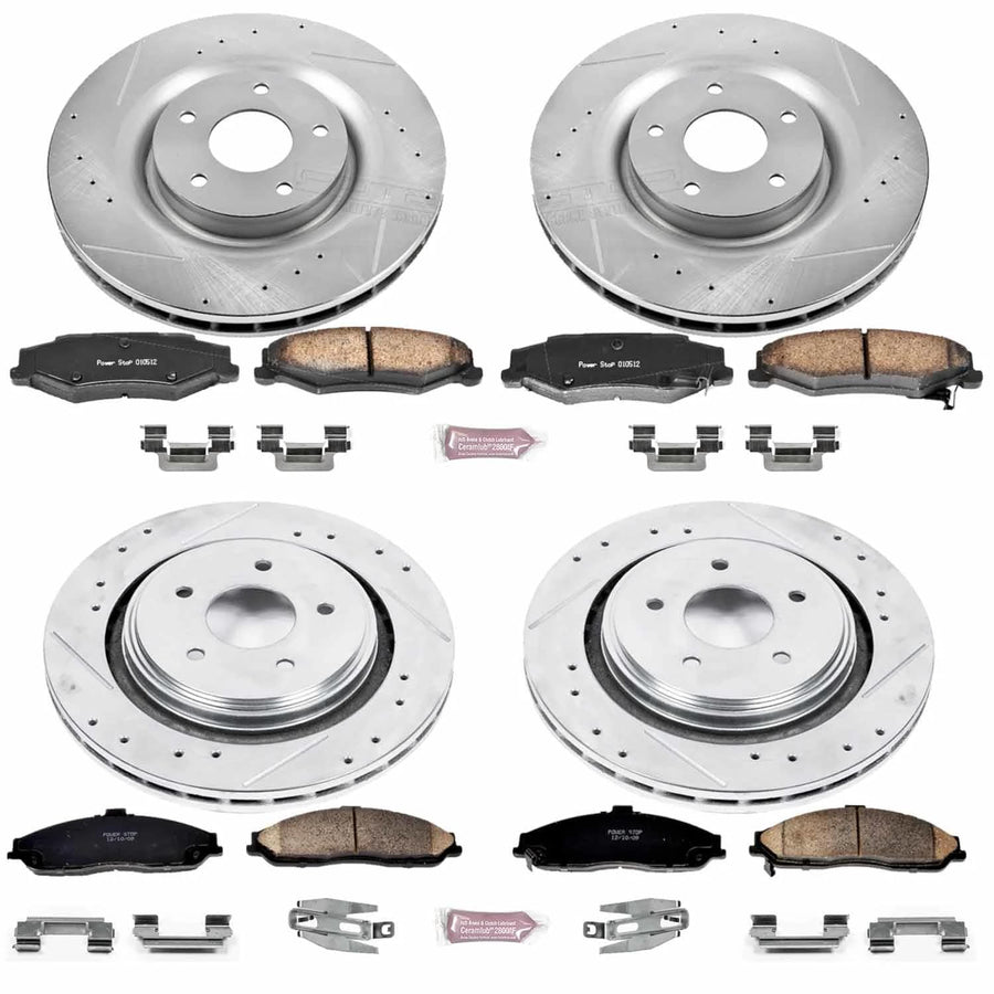 Power Stop K4400 Z23 Carbon Fiber Brake Pads with Drilled & Slotted Brake Rotors Kit Front and Rear For Cadillac XLR 2006-2009, Chevrolet Corvette 2005-2013 [Model Specific]