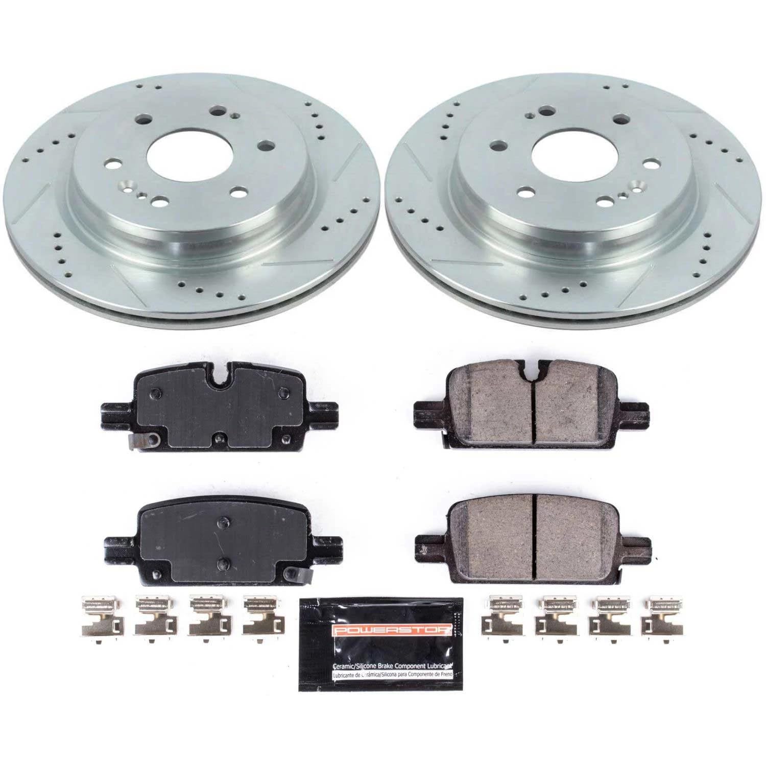 Power Stop K8173 Rear Brake Pads Z23 Carbon Fiber with Drilled & Slotted Brake Rotors Kit and 2 Rear Sensor Wires