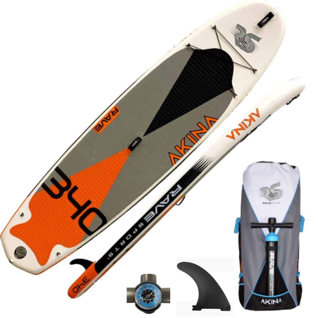 RAVE Sports Stand Up Inflatable Paddle Board, Akina Monarch Orange, 11'2" x 34" x 6", Durable Materials, Non-Slip Comfort Deck, Designed for Adults & Youth, Wide Stable SUP, High Pressure Hand Pump