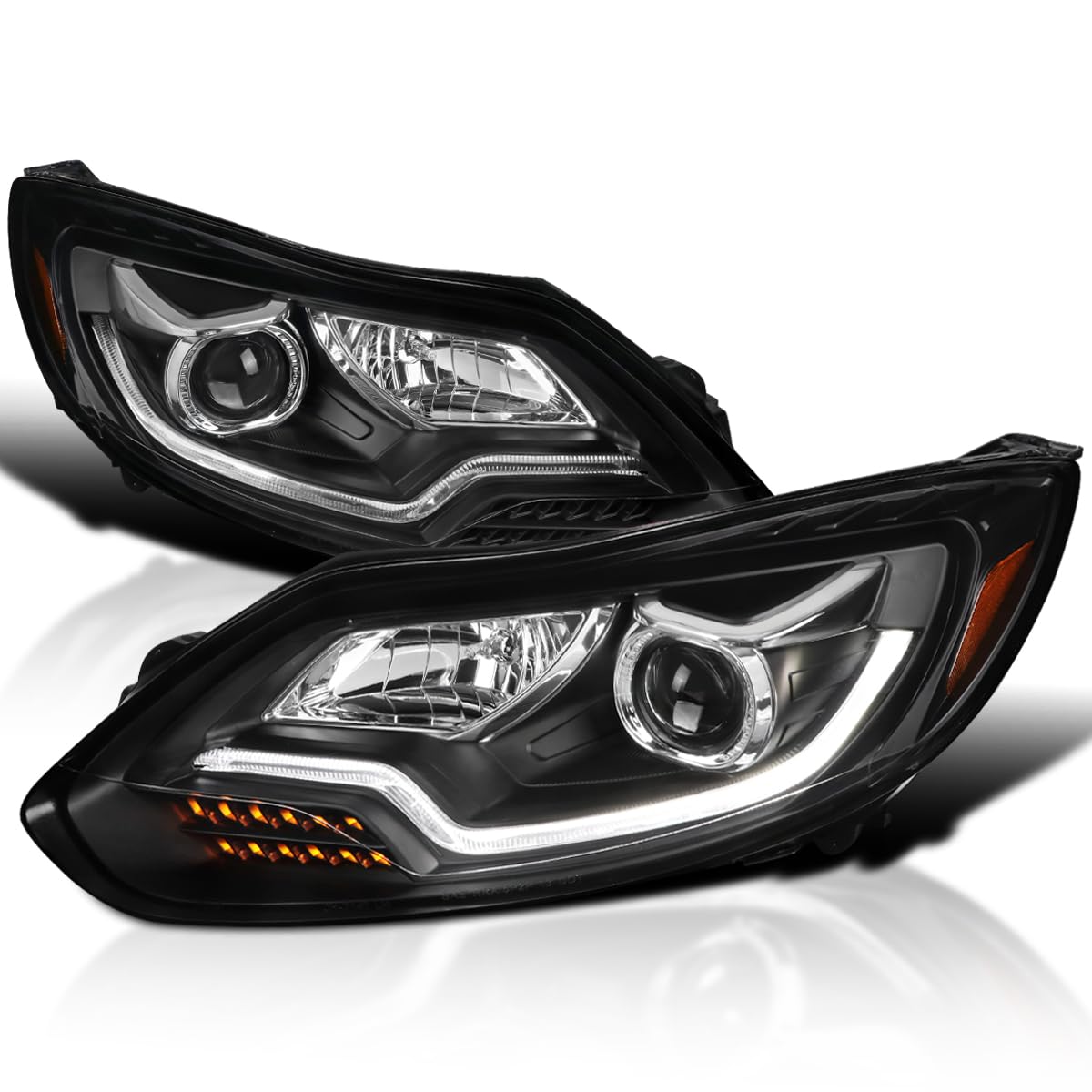 Black Projector Headlights SPEC-D TUNING w/LED Sequential Turn Signal Compatible with 2012-2014 Ford Focus, Fits Models Made in United States And Canada, Left + Right Pair Headlamps Assembly