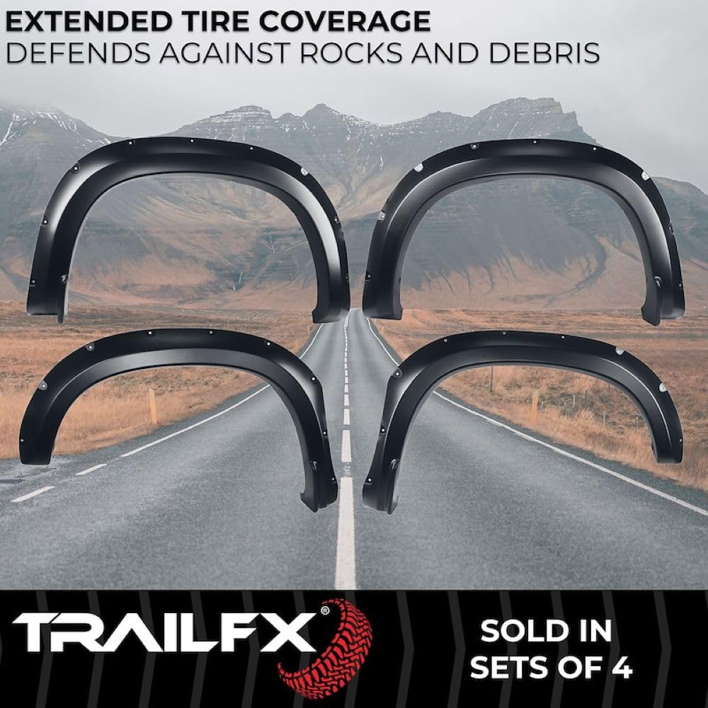 TrailFX Pocket Style TFC3005S Fender Flares for Chevrolet Silverado 1500 2019-2025 Black Smooth Paintable Polypropylene Set of 4 with Stainless and Black Steel Rivets