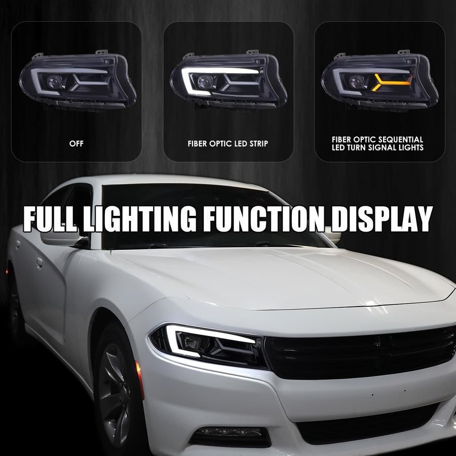 Glossy Black Smoke SPEC-D TUNING LED Projector Headlights w/Sequential Turn Signal Compatible with 2015-2023 Dodge Charger with factory halogen headlights