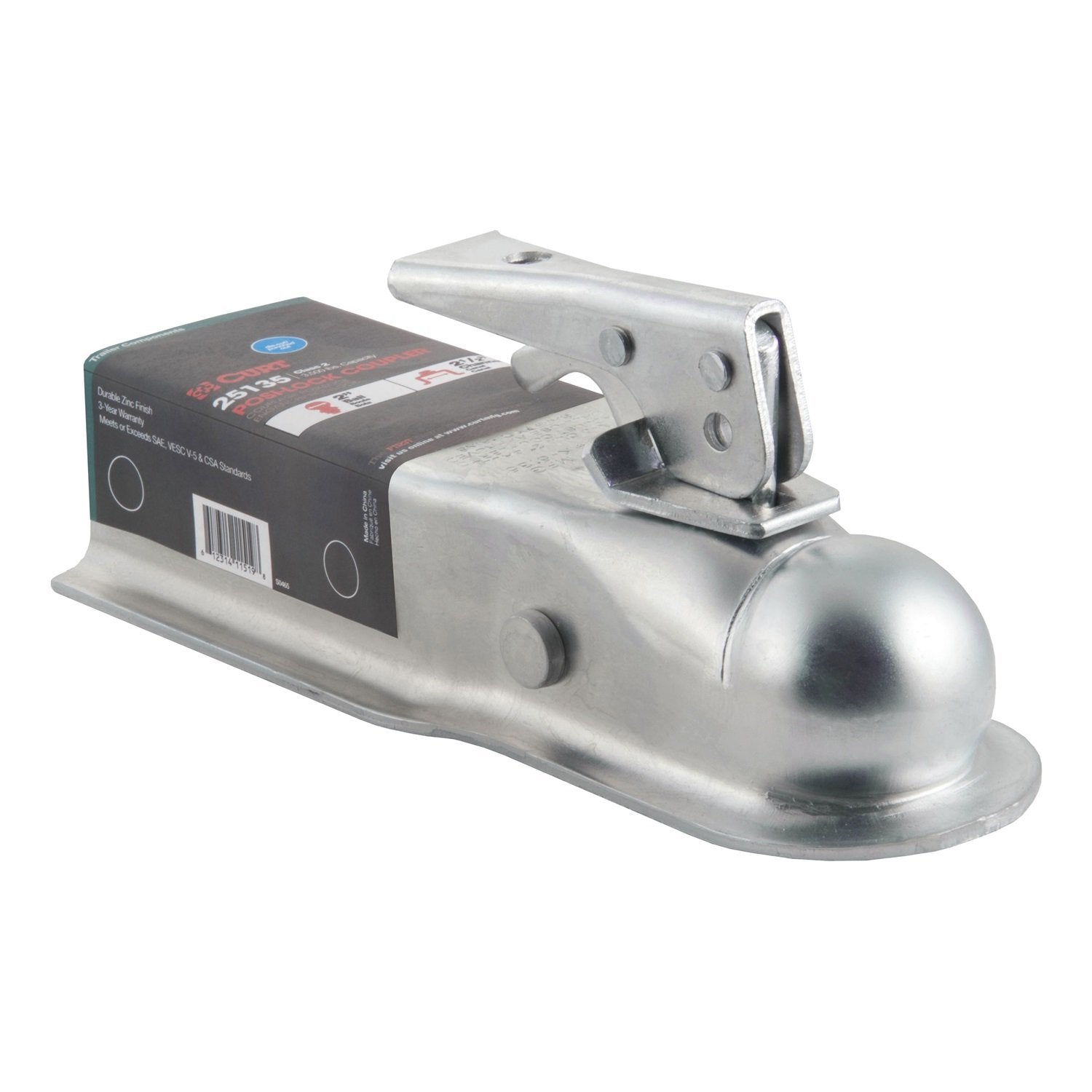 CURT Straight Tongue Trailer Coupler for 2-In Hitch Ball, 2-1/2-Inch Channel, 3,500 lbs, CLEAR ZINC