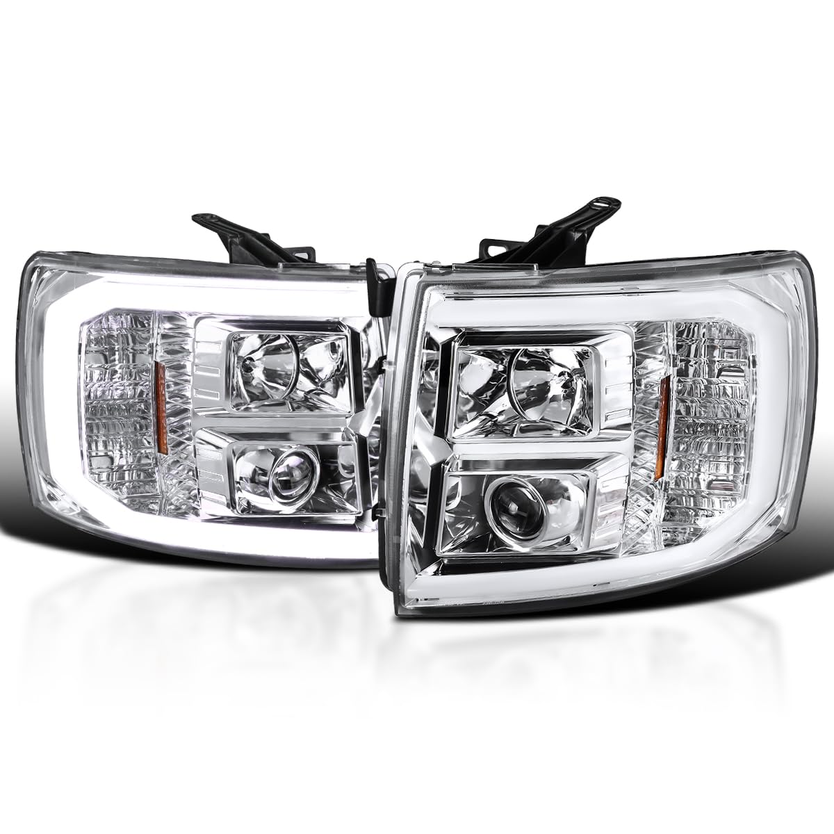 Chrome LED Light Tube Projector Headlights SPEC-D TUNING Compatible with 2007-2013 Chevy Silverado 1500 2500HD 3500HD, Left + Right Pair Headlamps Assembly