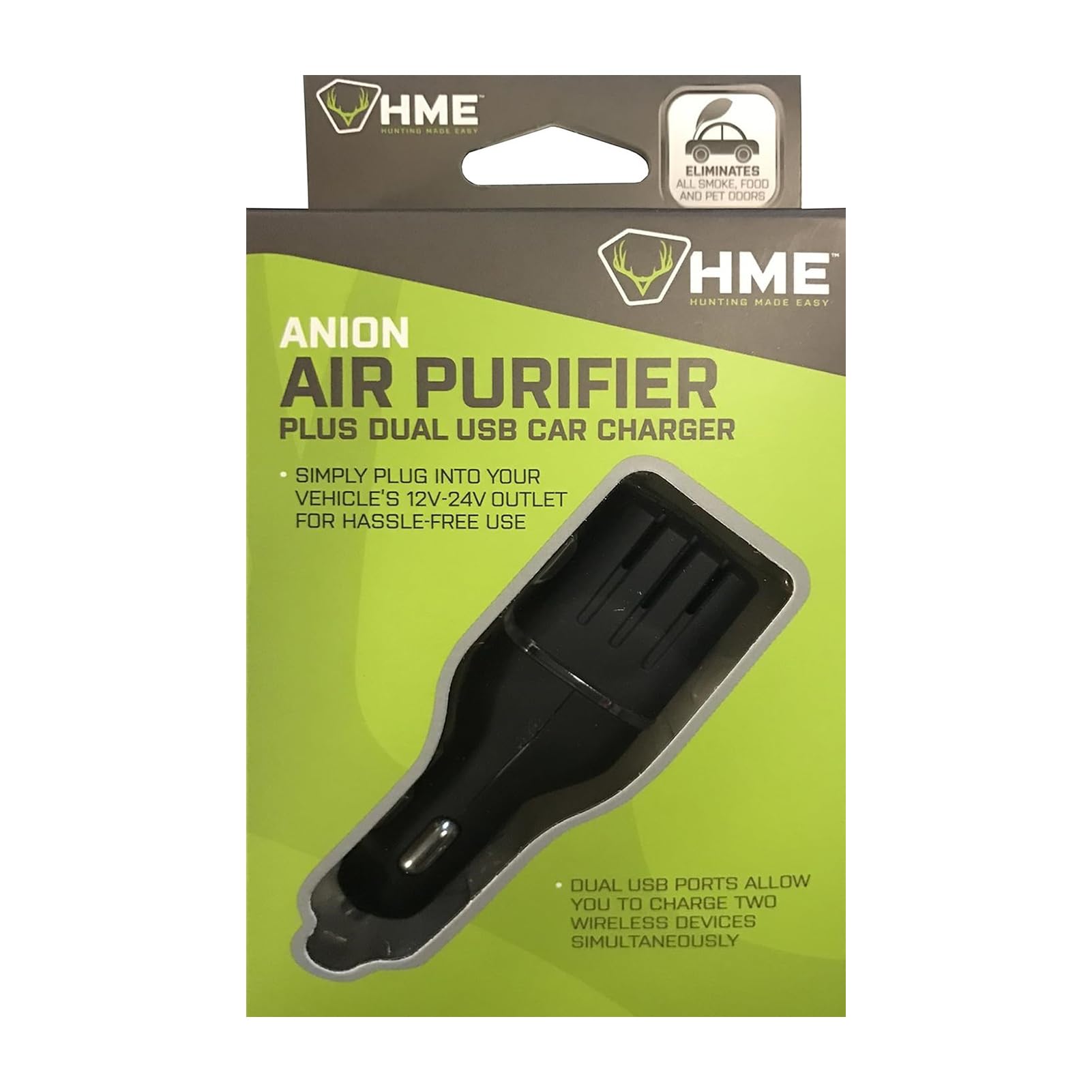 HME Car Air Purifier Scent Slammer with Dual USB Ports | Effective Compact Portable DC Vehicle Dual Ozone Air Cleaner from Smell, Dust & Smoke