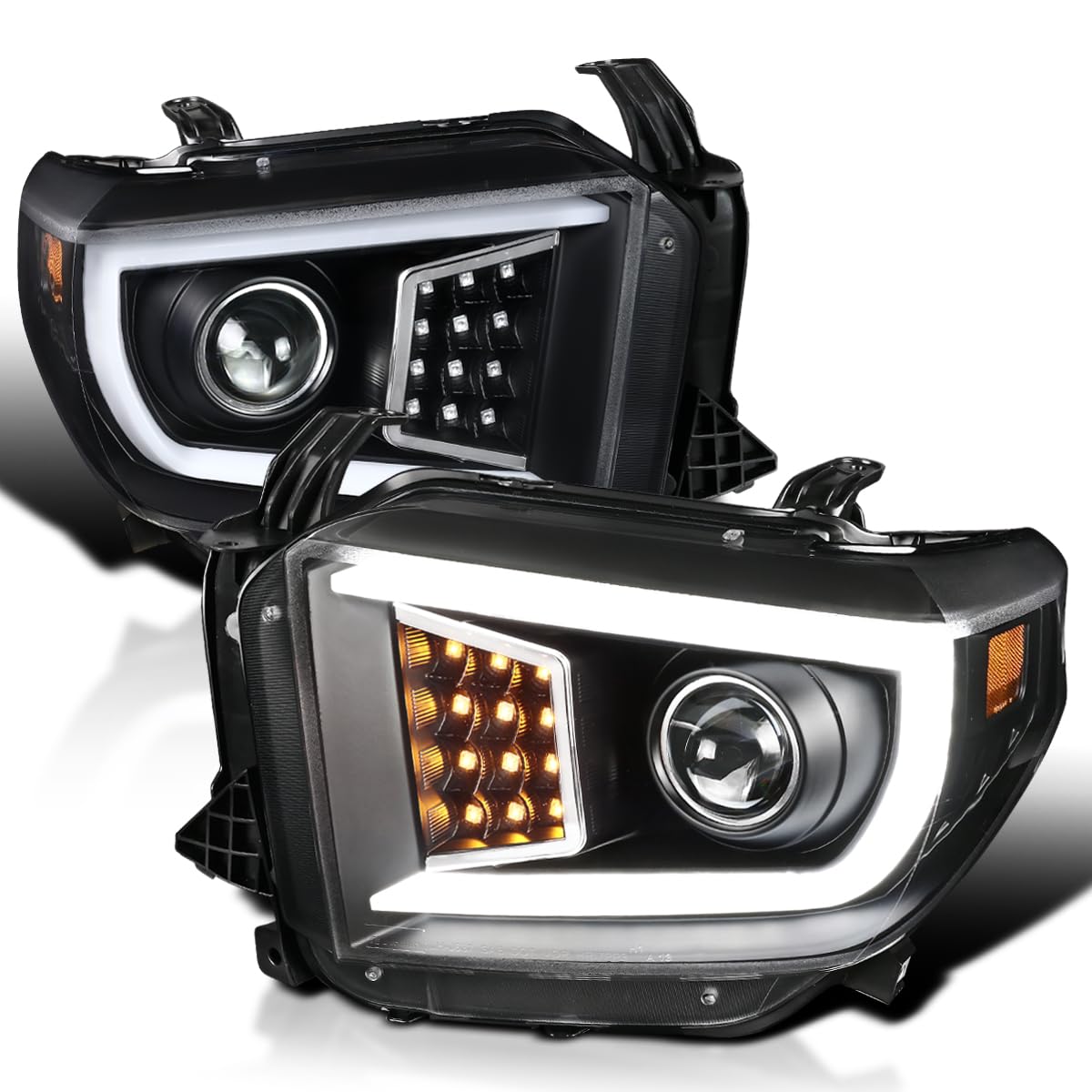 Matte Black SPEC-D TUNING Projector Headlights w/LED Light Bar Compatible with 2014-2021 Toyota Tundra, Left + Right Pair Headlamps Assembly