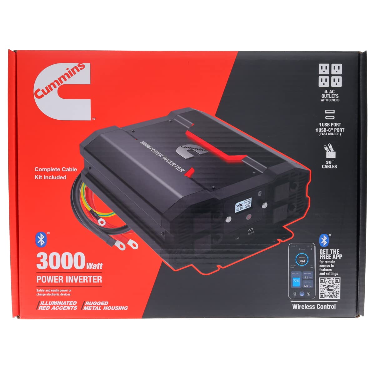3000 Watts Cummins Inverter Modified Sine Wave Truck Inverter 12 Volts to 110 Volts Four AC Outlets Two USB Ports (Plus Cable Kit)- CMN3000W - Inverters for Vehicles, Van Life, Camping