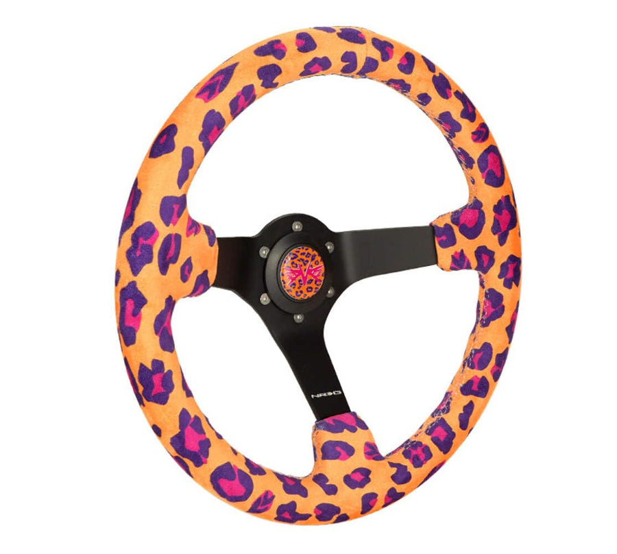 NRG Innovations Reinforced Sport Steering Wheel NRG-RST-036MB-SV-OR 350mm (3' deep) Savage Orange Leopard Printed Micro Fiber Vegan Material with Matte Black Spoke