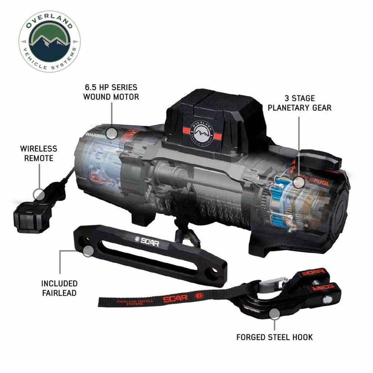 Scar Off Road Overland Vehicle Systems 19099901 12V Electric Winch with Synthetic Rope & Wireless Remote - 10,000 lb Pulling Capacity - Waterproof IP68 Rated - Perfect for Off-Road Recovery
