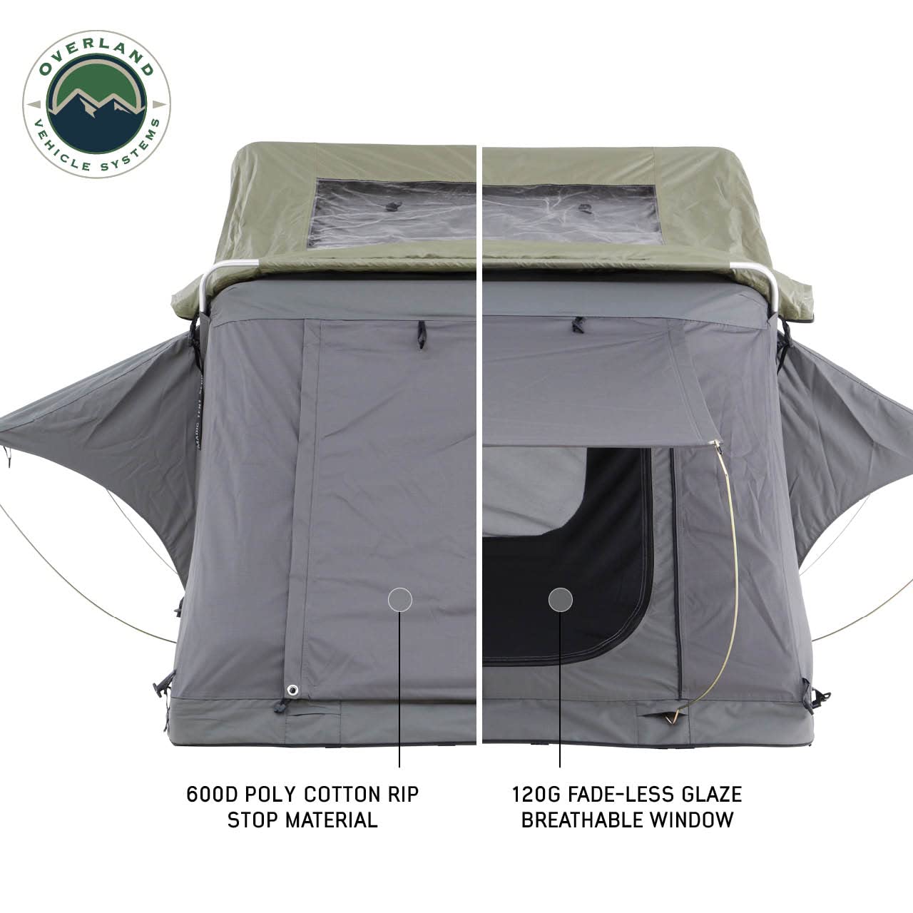 Overland Vehicle Systems Nomadic 2 Standard HD Soft Shell Roof Top Tent - Dark Gray Base with Green Rain Fly & Black 1000G PVC Travel Cover - Black Aluminum Base