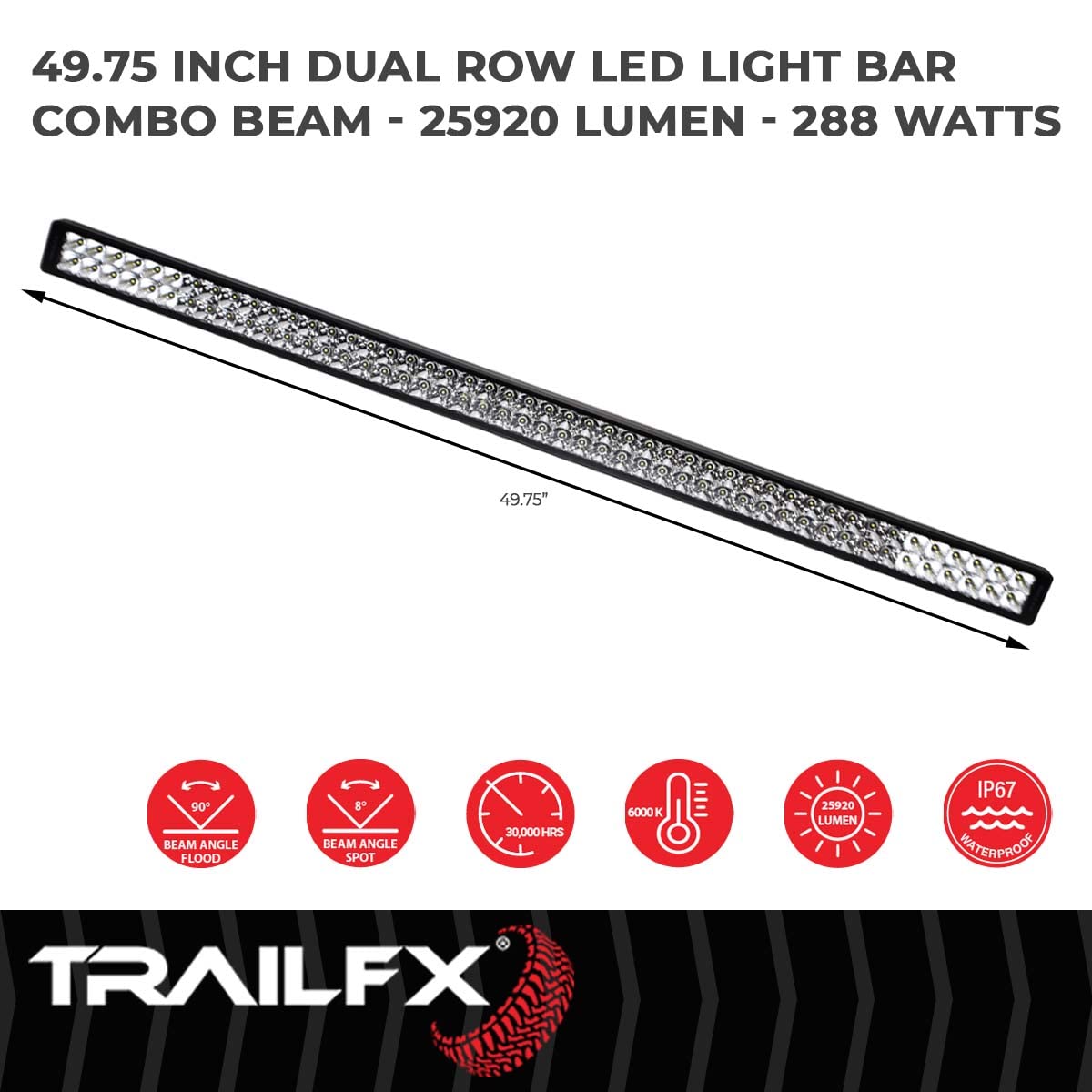 50 Inch Trailfx LED Light Bar 288W Combo Spot Flood Beam 96 CREE LEDs 25920 Raw Lumens, Black Aluminum Housing Polycarbonate Lens Wiring Harness and Mounting Brackets Included